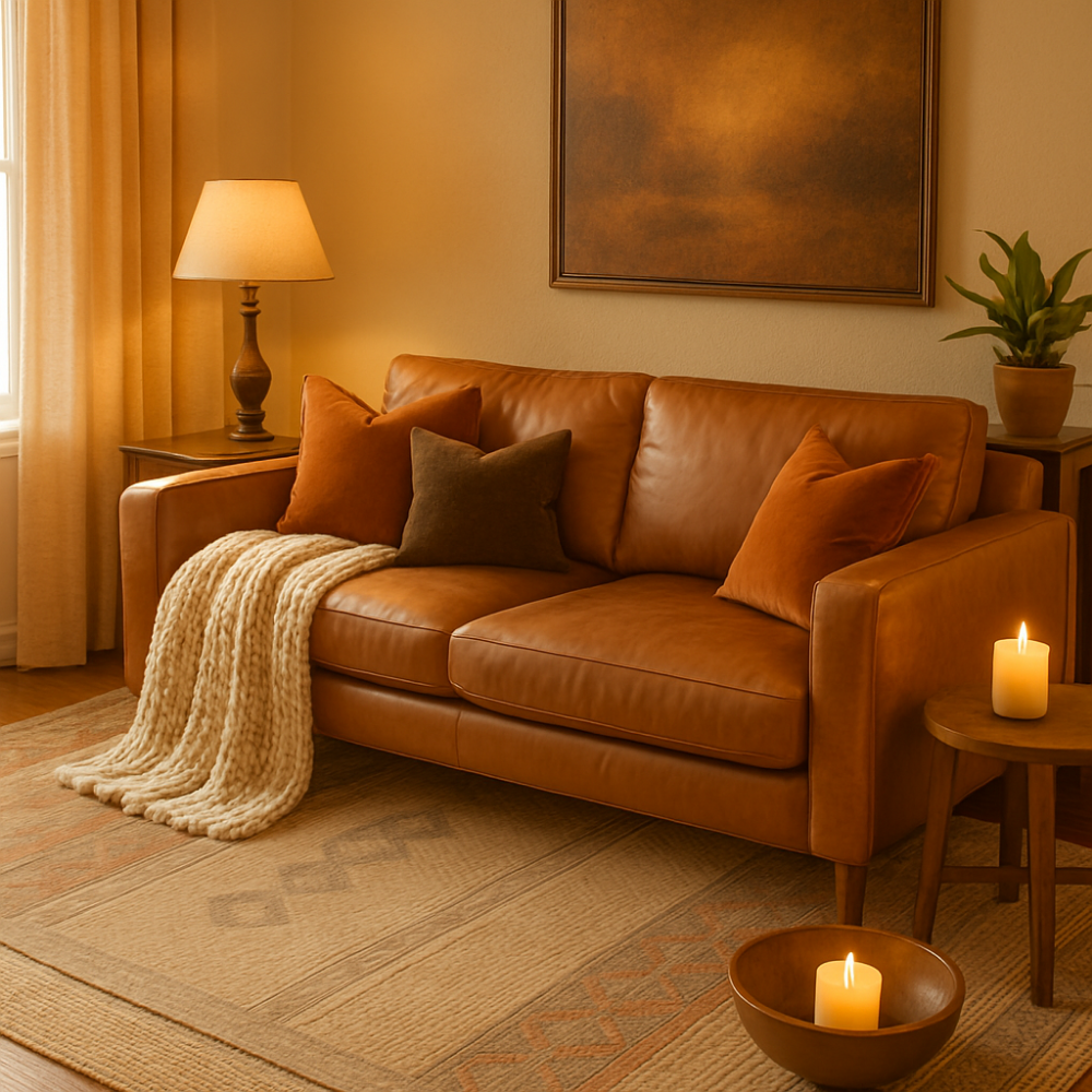 A cozy living room with a textured rug and soft pillows, illustrating visual warmth
